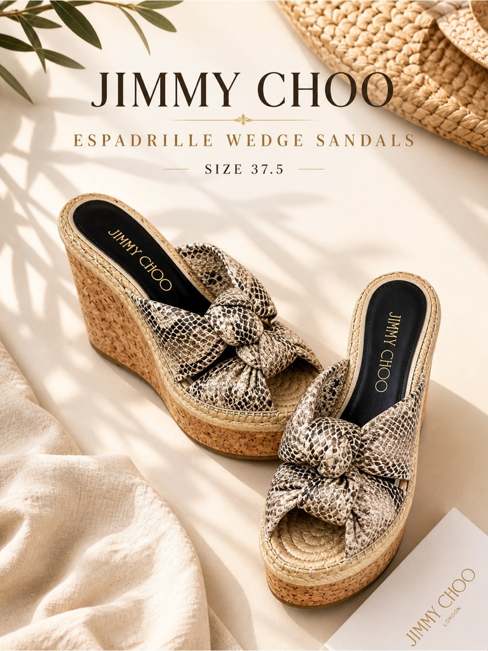 Jimmy Choo Snakeskin Espadrille Wedge Sandals Size 37.5